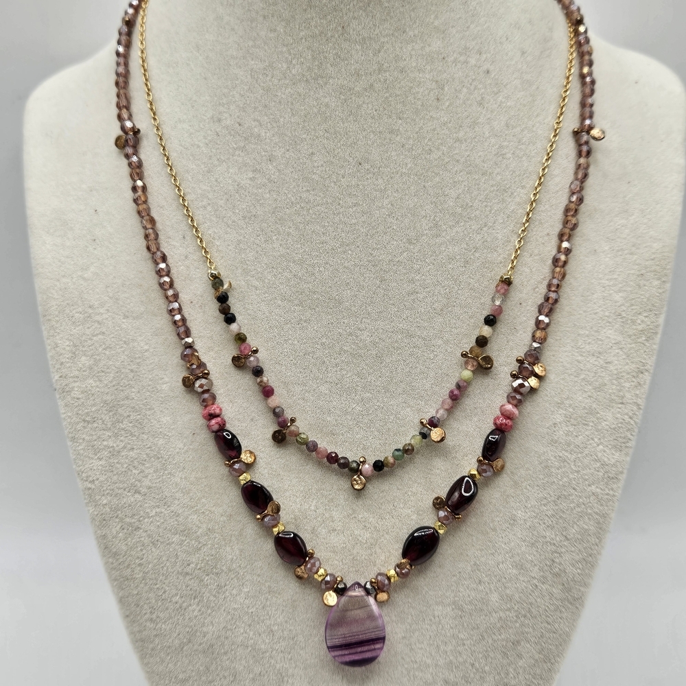 Nakamol Layered Amethyst Pendant Gemstone Gold Tone Necklace